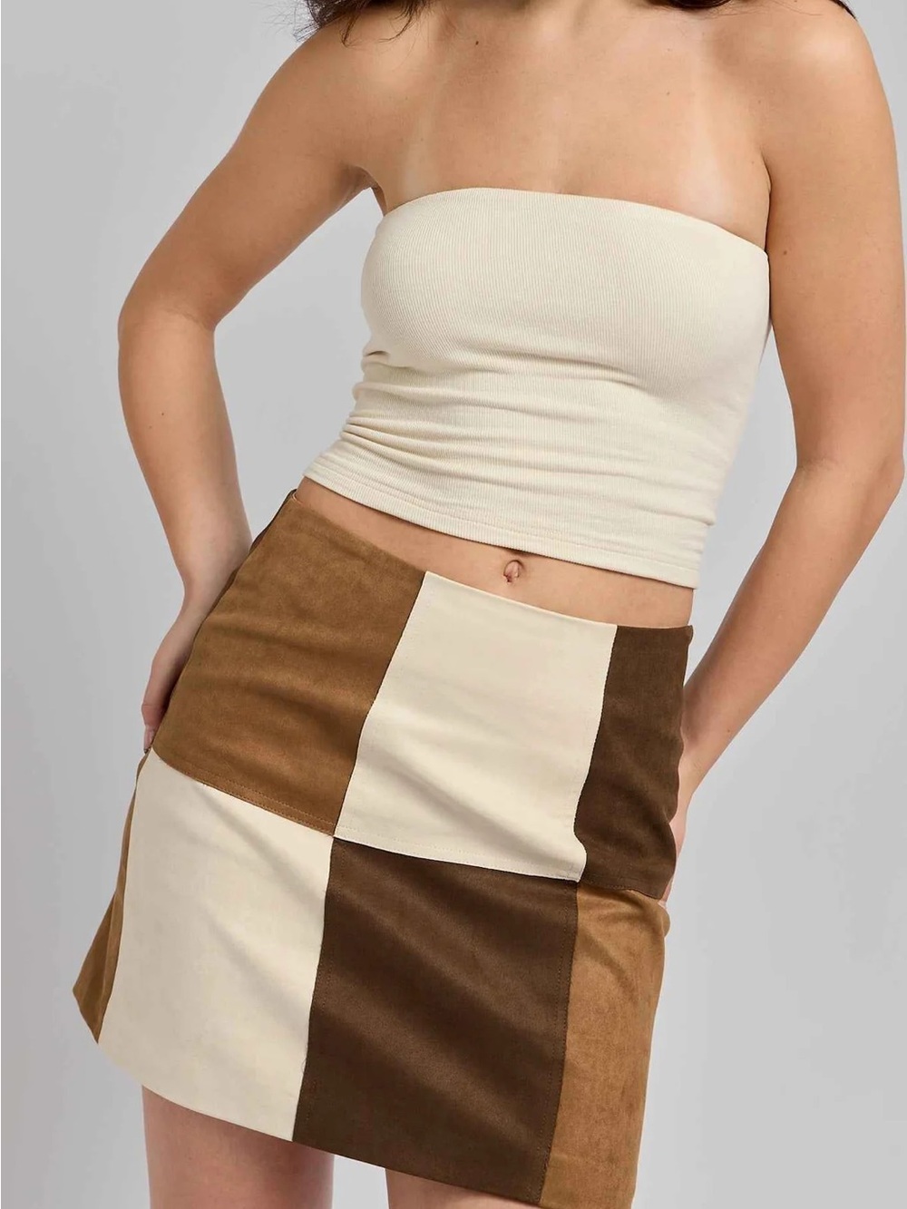 Miou Muse Patchwork Suede Mini Skirt in Brown and Cream